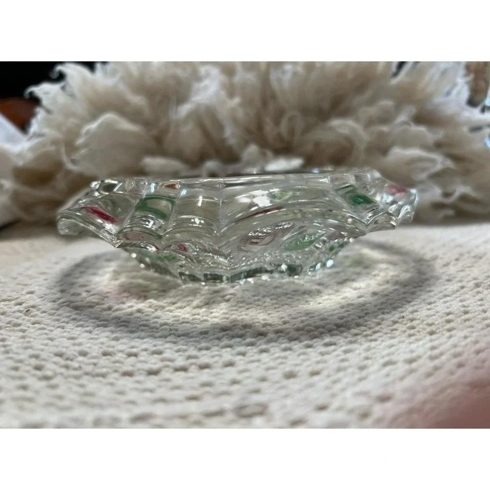 Vintage Glass Ashtray With Rose Design Red & Green Accents‎
